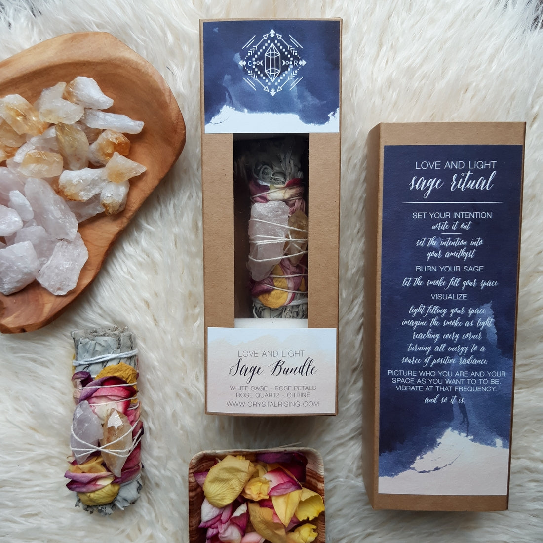 Love and Light Sage Bundle Kit - Crystal Rising for sale at Modest Hemp Co.